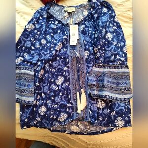 NWT Charlie Paige Blue/White Boho Blouse, S